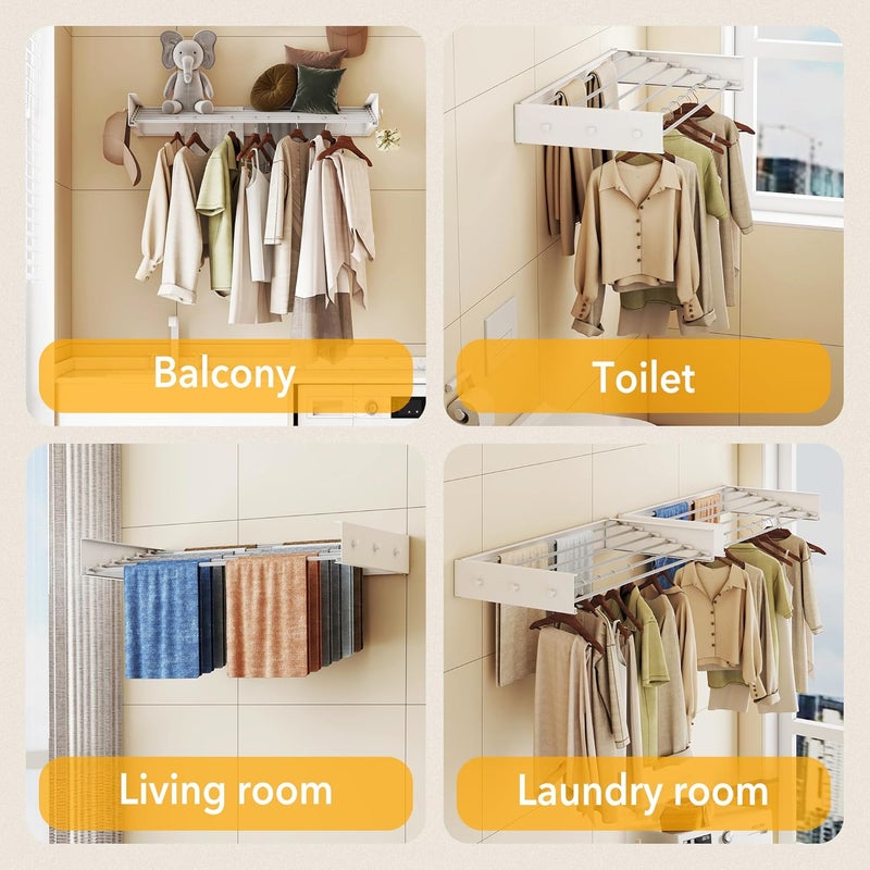 LIENAHU Upgrade Drying Rack Clothing,Clothes Drying Rack Wall Mounted,Laundry Drying Rack Wall Mount,Foldable,Collapsible,Retractable,6 Aluminium Poles,with Hooks,(White 35.5" - Image 5
